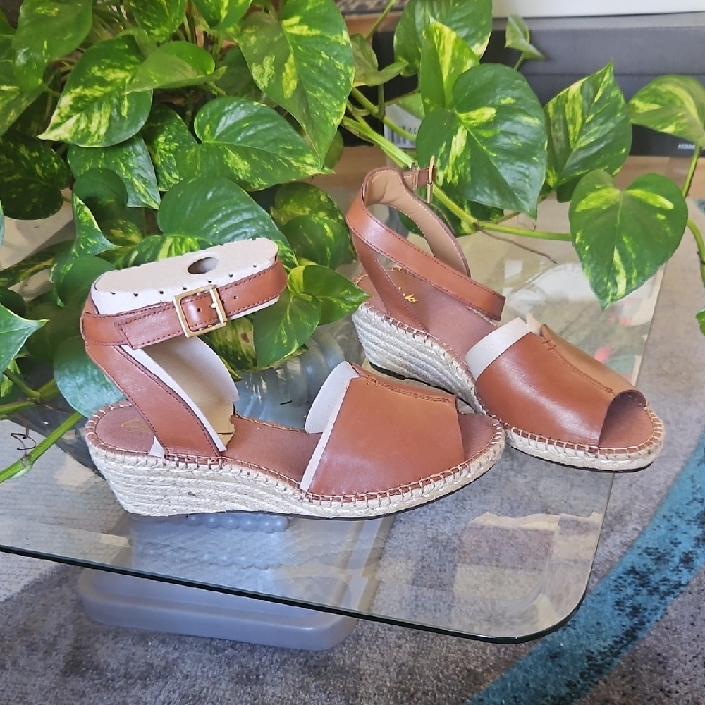 Clarks Tan Leather Espadrille Wedge Sandals with Ankle Strap
